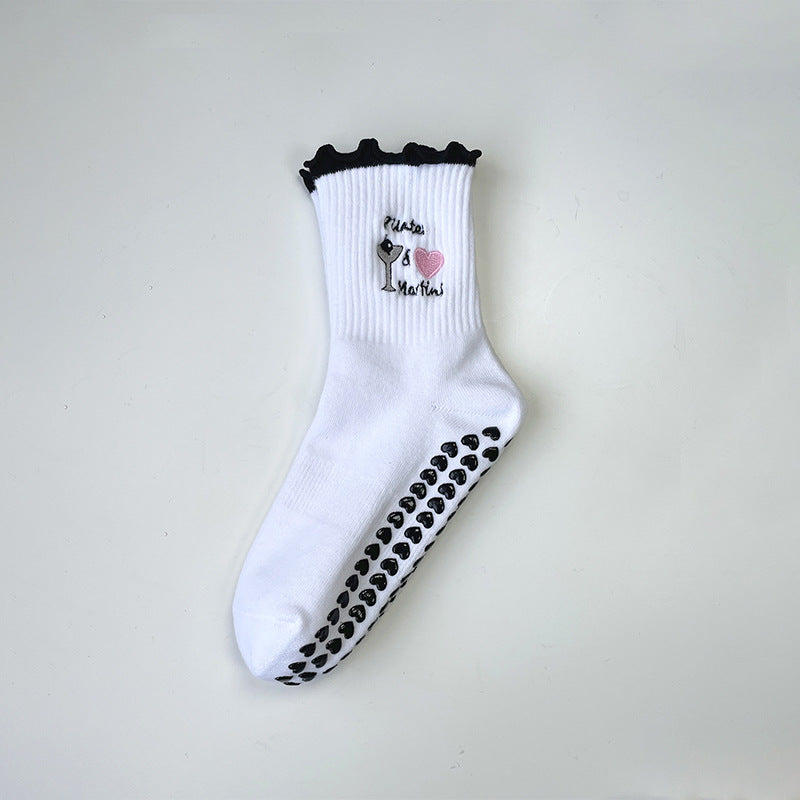 Cute Cherry Lace Non-Slip Yoga Socks for Women, Bow Detail Cotton Pilates Floor Socks