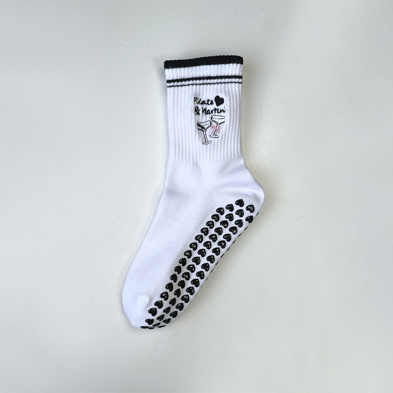 Cute Cherry Lace Non-Slip Yoga Socks for Women, Bow Detail Cotton Pilates Floor Socks