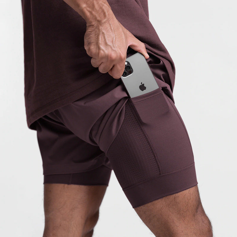 Crazy Muscle Men's Running Shorts Double Fake Two-Piece Sports Fitness Breathable Basketball Training American Jogging Pants