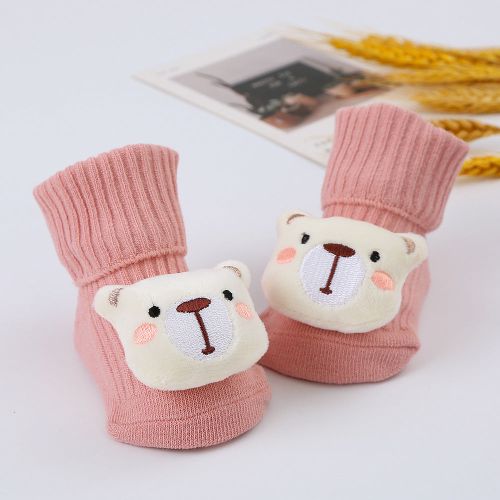 Cute Cartoon Bear Non-Slip Floor Socks for Toddlers, Combed Cotton Mid-Calf Baby Socks (1-3Y)