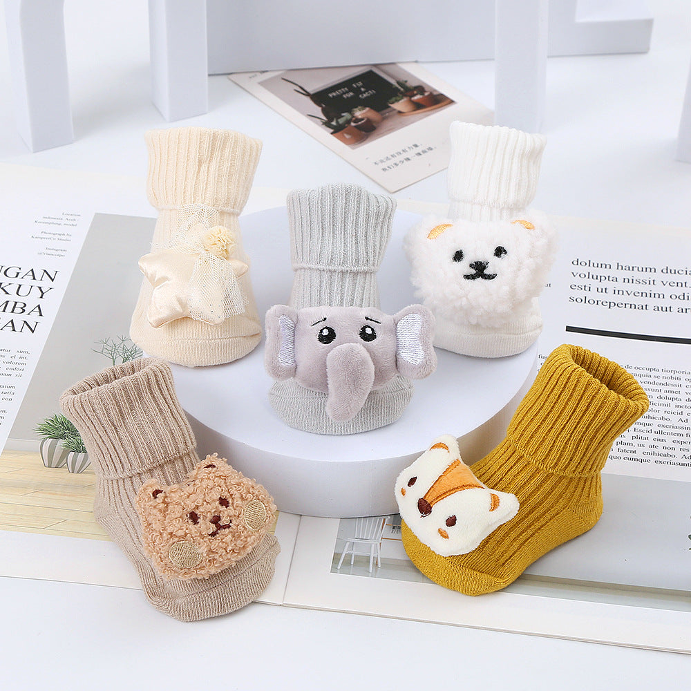 Cute Cartoon Bear Non-Slip Floor Socks for Toddlers, Combed Cotton Mid-Calf Baby Socks (1-3Y)