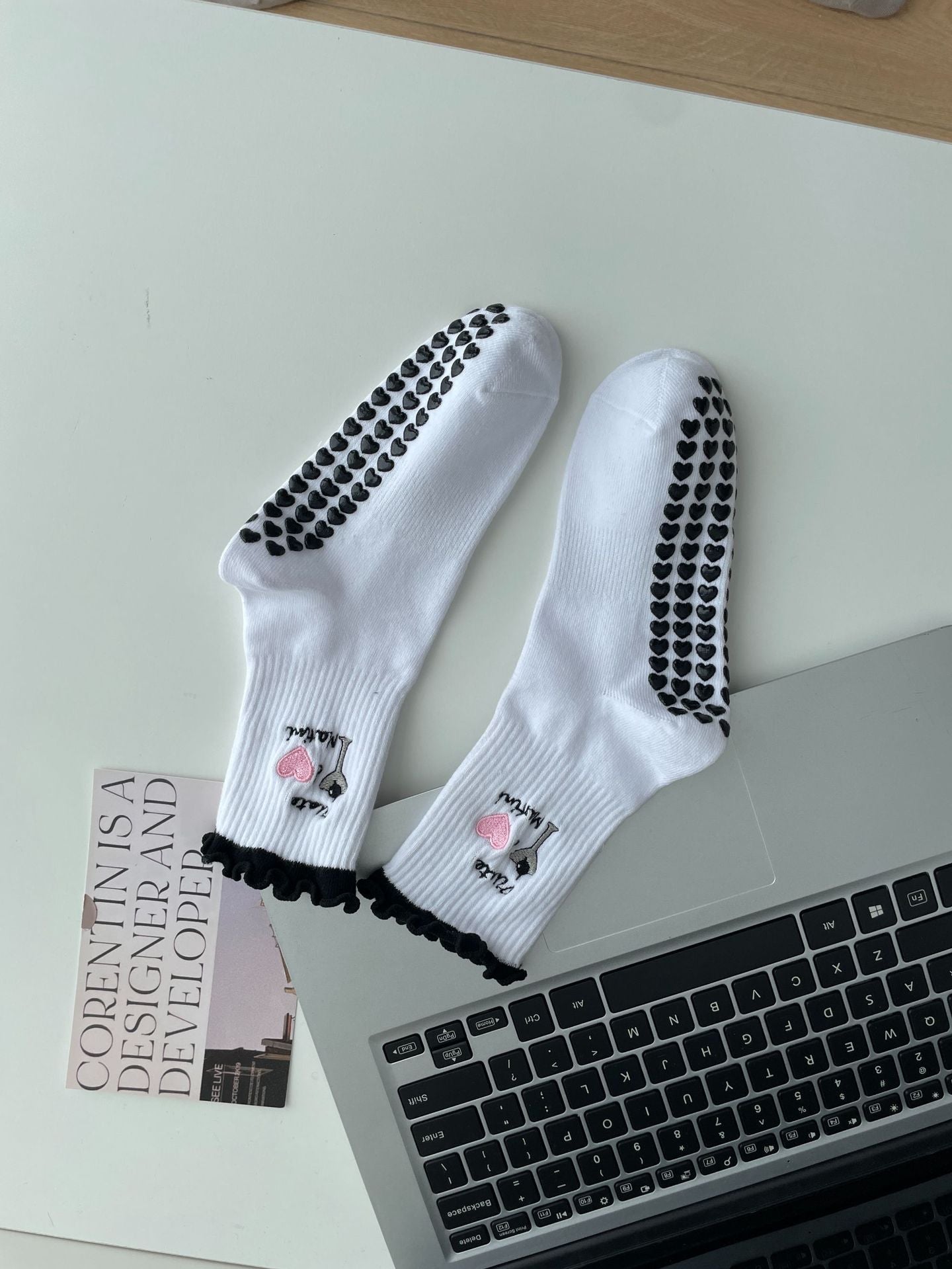 Embroidered Non-Slip Yoga Socks for Women, Mid-Calf Cotton Grip Socks with Cute Cherry Design for Pilates, Fitness & Home Workouts