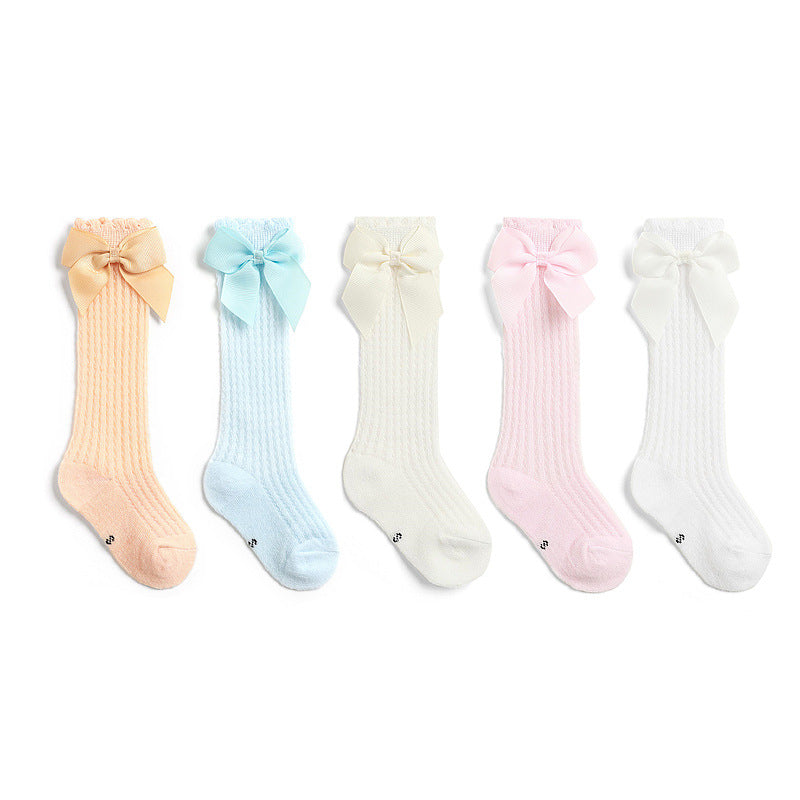 Bow Accent Knee-High Baby Socks for Girls, Ultra-Thin Mesh Cotton Newborn Socks (0-1Y)