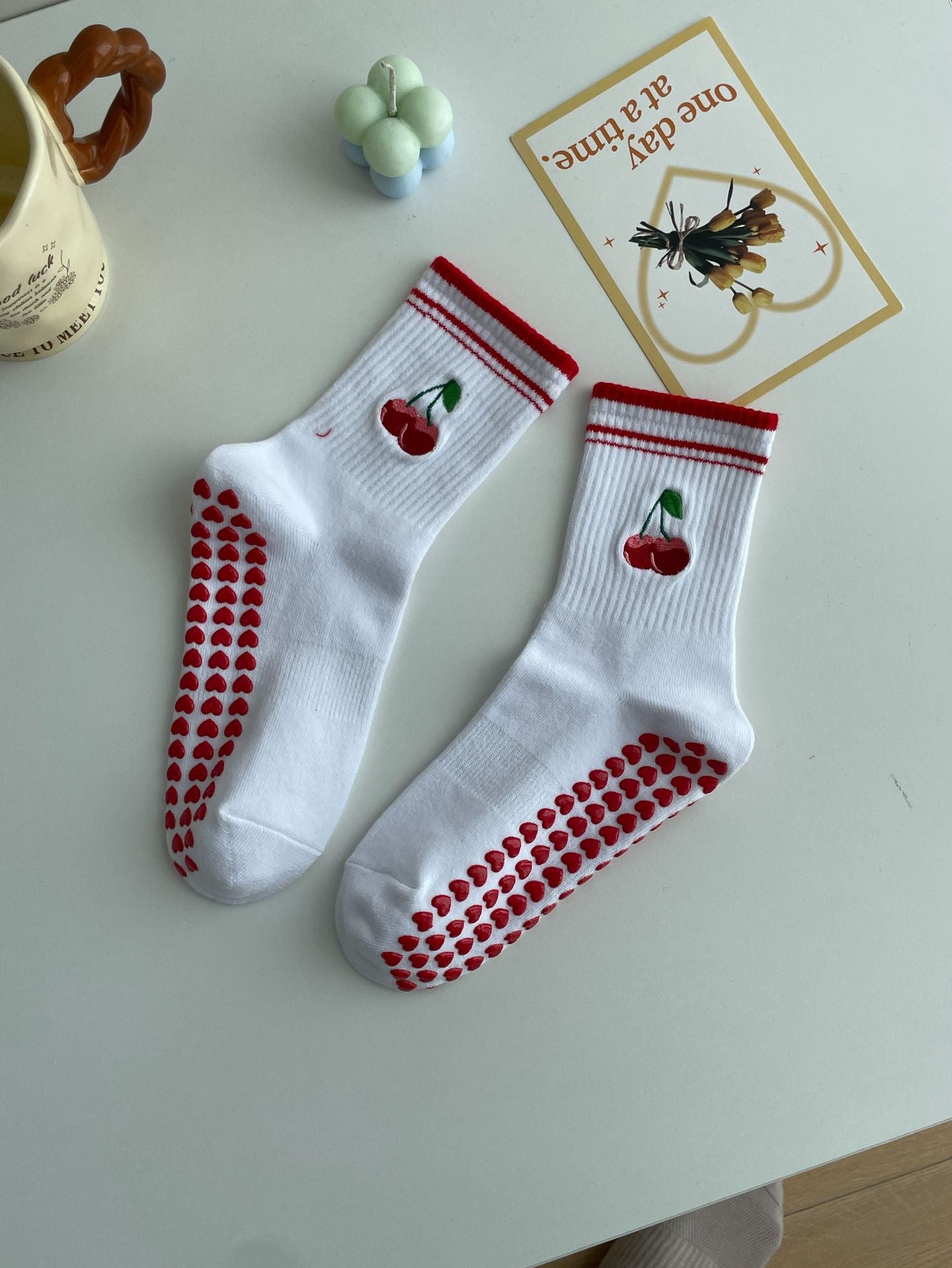 Embroidered Non-Slip Yoga Socks for Women, Mid-Calf Cotton Grip Socks with Cute Cherry Design for Pilates, Fitness & Home Workouts