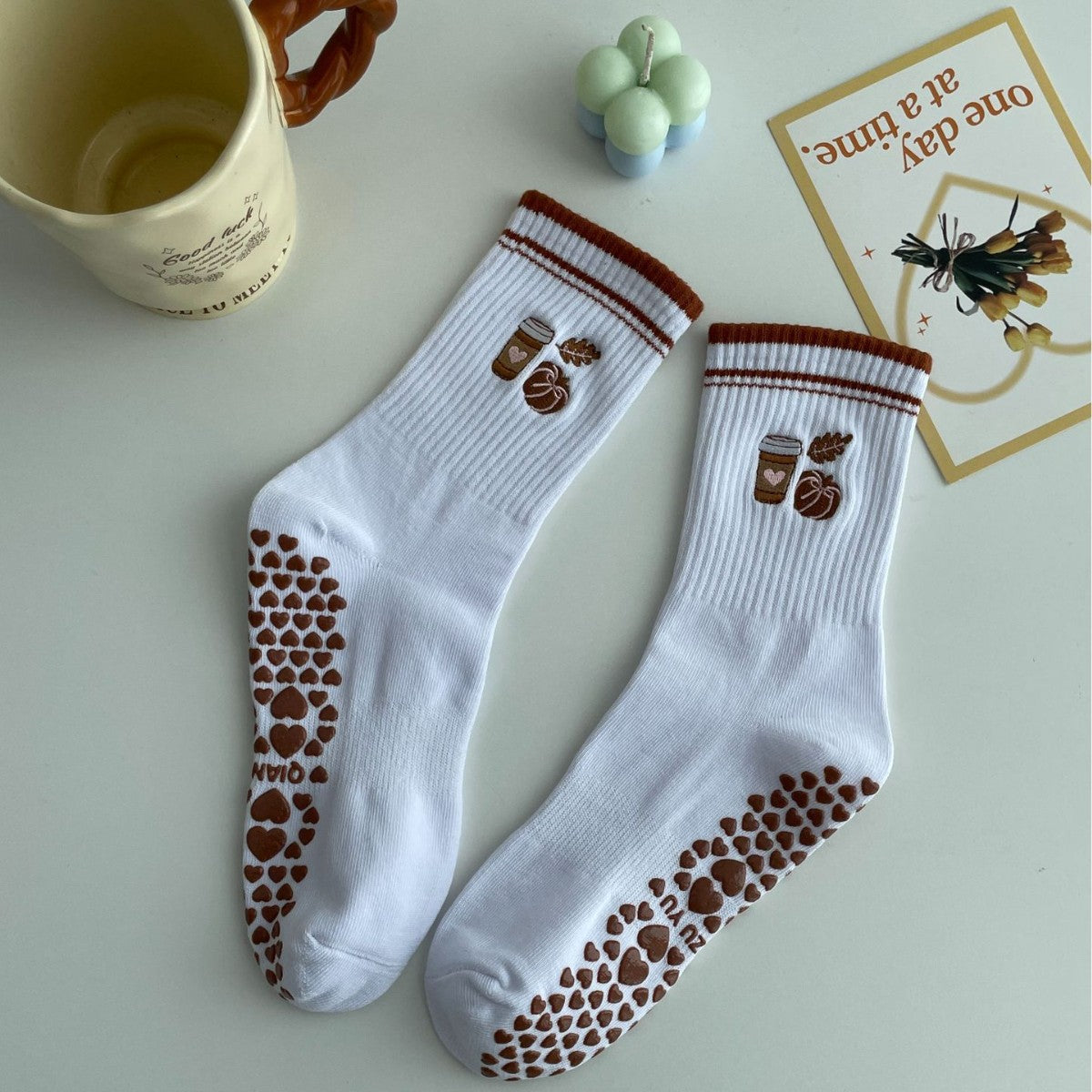 Embroidered Non-Slip Yoga Socks for Women, Mid-Calf Cotton Grip Socks with Cute Cherry Design for Pilates, Fitness & Home Workouts