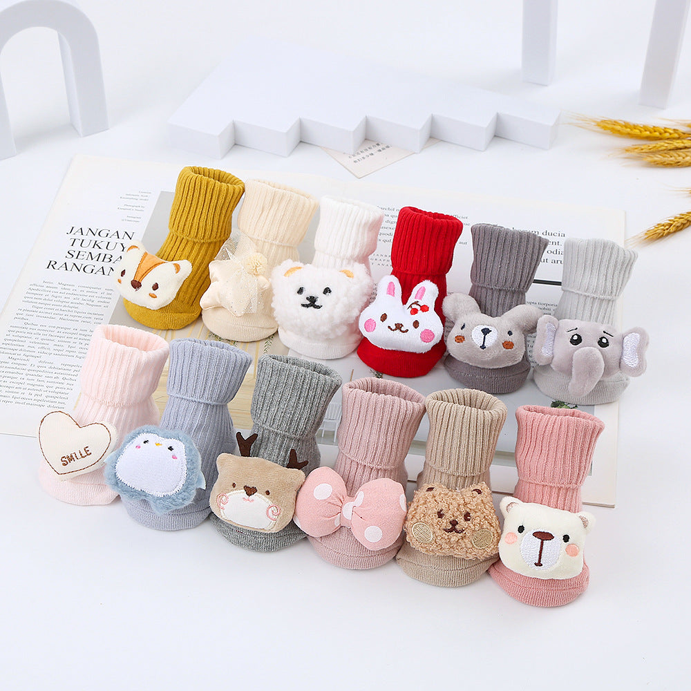 Cute Cartoon Bear Non-Slip Floor Socks for Toddlers, Combed Cotton Mid-Calf Baby Socks (1-3Y)