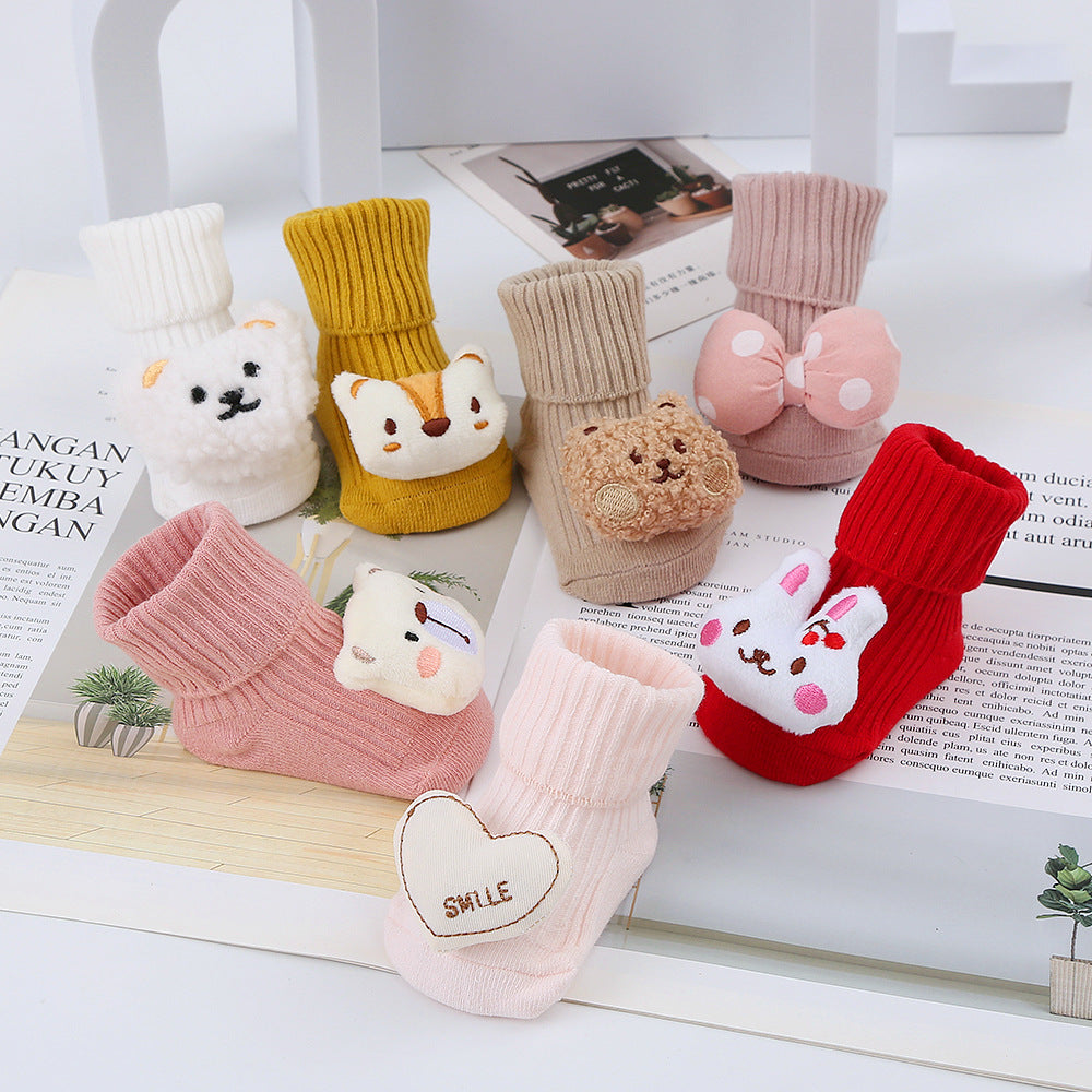 Cute Cartoon Bear Non-Slip Floor Socks for Toddlers, Combed Cotton Mid-Calf Baby Socks (1-3Y)