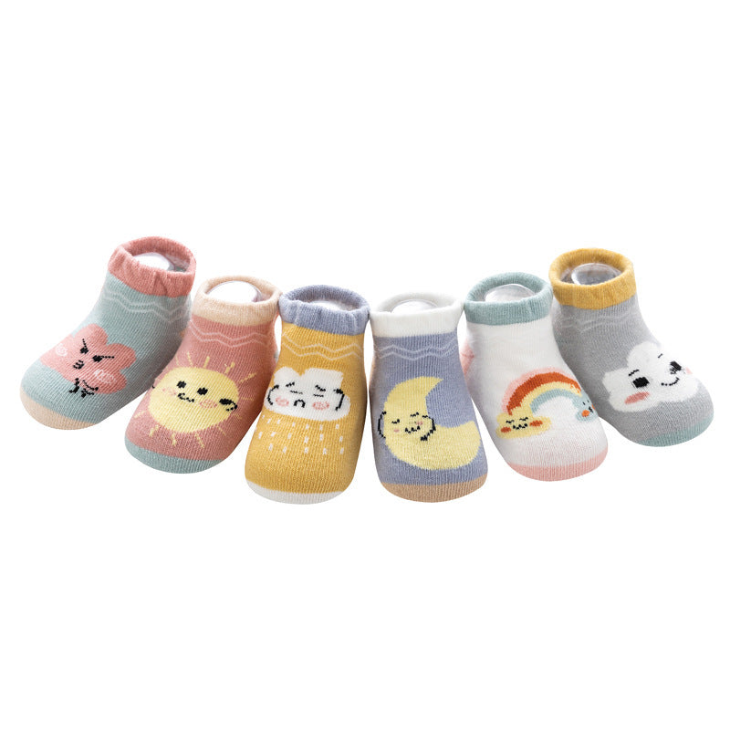 Cartoon Rainbow Non-Slip Boat Socks for Toddlers, Combed Cotton Low-Top Baby Socks (1-3Y)