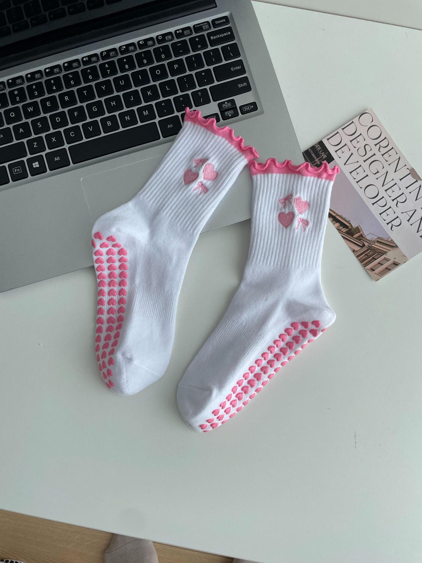 Embroidered Non-Slip Yoga Socks for Women, Mid-Calf Cotton Grip Socks with Cute Cherry Design for Pilates, Fitness & Home Workouts