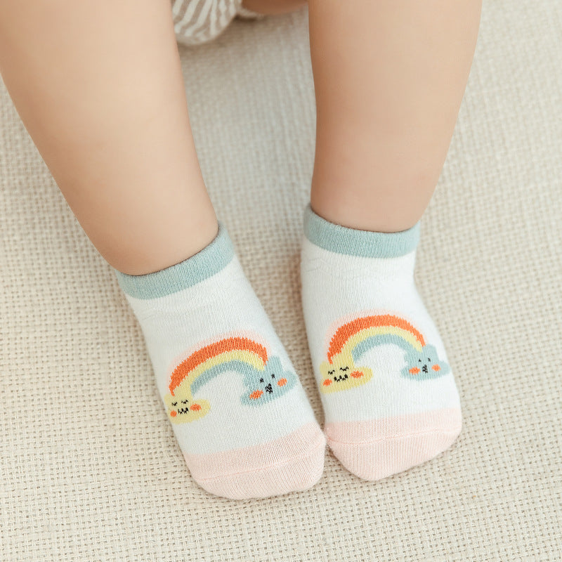 Cartoon Rainbow Non-Slip Boat Socks for Toddlers, Combed Cotton Low-Top Baby Socks (1-3Y)