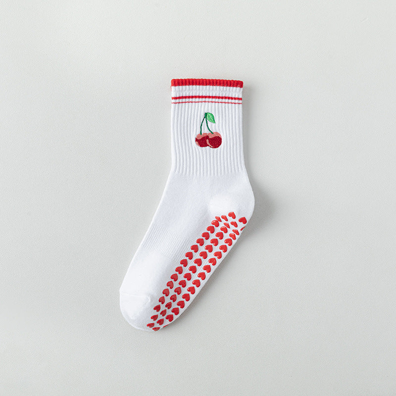 Cute Cherry Lace Non-Slip Yoga Socks for Women, Bow Detail Cotton Pilates Floor Socks