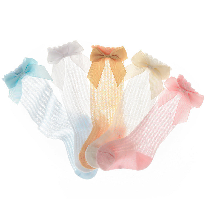 Bow Accent Knee-High Baby Socks for Girls, Ultra-Thin Mesh Cotton Newborn Socks (0-1Y)