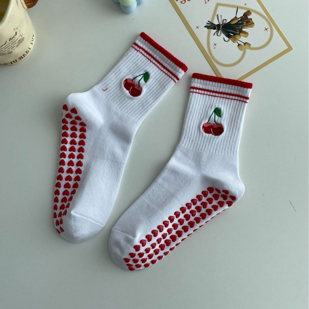 Embroidered Non-Slip Yoga Socks for Women, Mid-Calf Cotton Grip Socks with Cute Cherry Design for Pilates, Fitness & Home Workouts