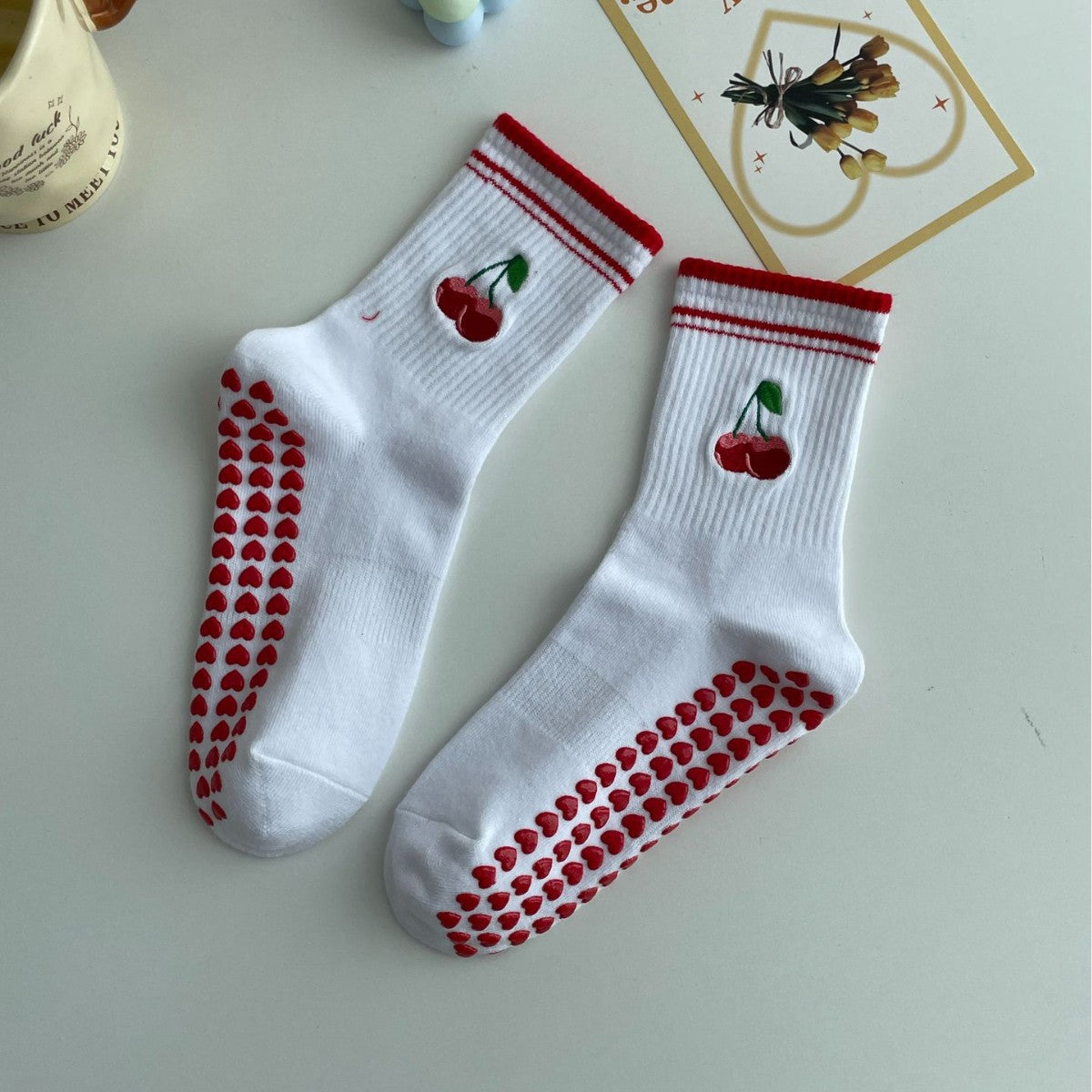 Embroidered Non-Slip Yoga Socks for Women, Mid-Calf Cotton Grip Socks with Cute Cherry Design for Pilates, Fitness & Home Workouts