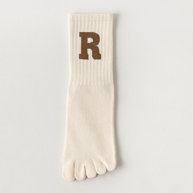 Unisex Non-Slip Five-Toe Yoga Socks, 168N Cotton Mid-Calf Pilates Socks with Letter R Design