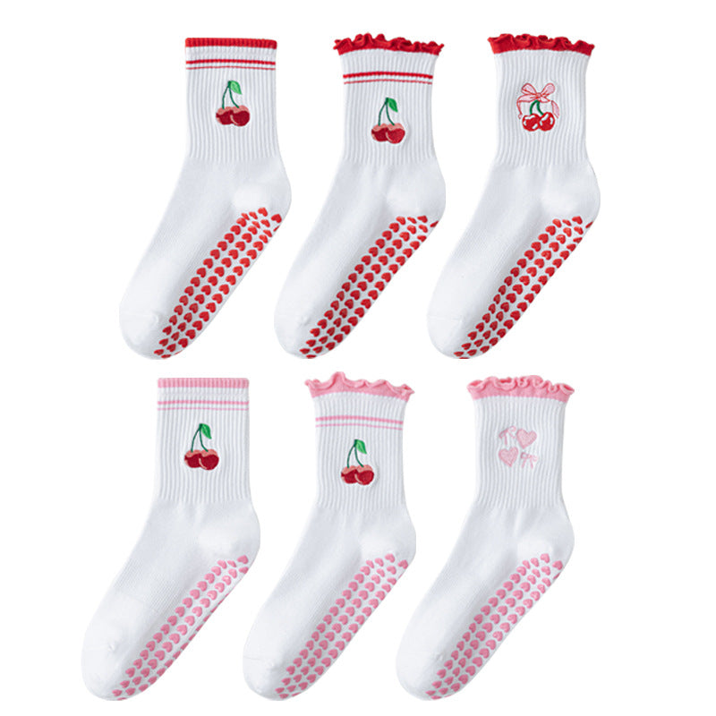 Cute Cherry Lace Non-Slip Yoga Socks for Women, Bow Detail Cotton Pilates Floor Socks