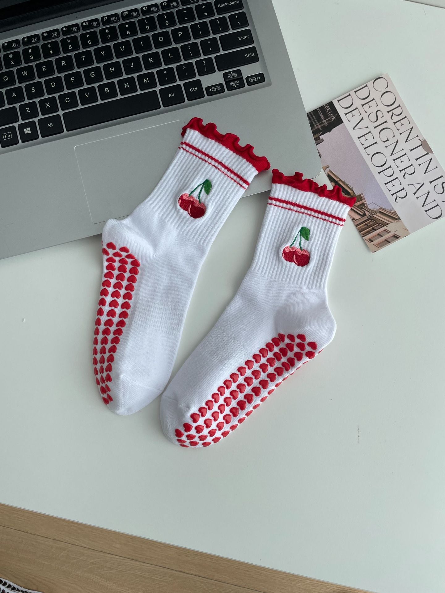 Embroidered Non-Slip Yoga Socks for Women, Mid-Calf Cotton Grip Socks with Cute Cherry Design for Pilates, Fitness & Home Workouts