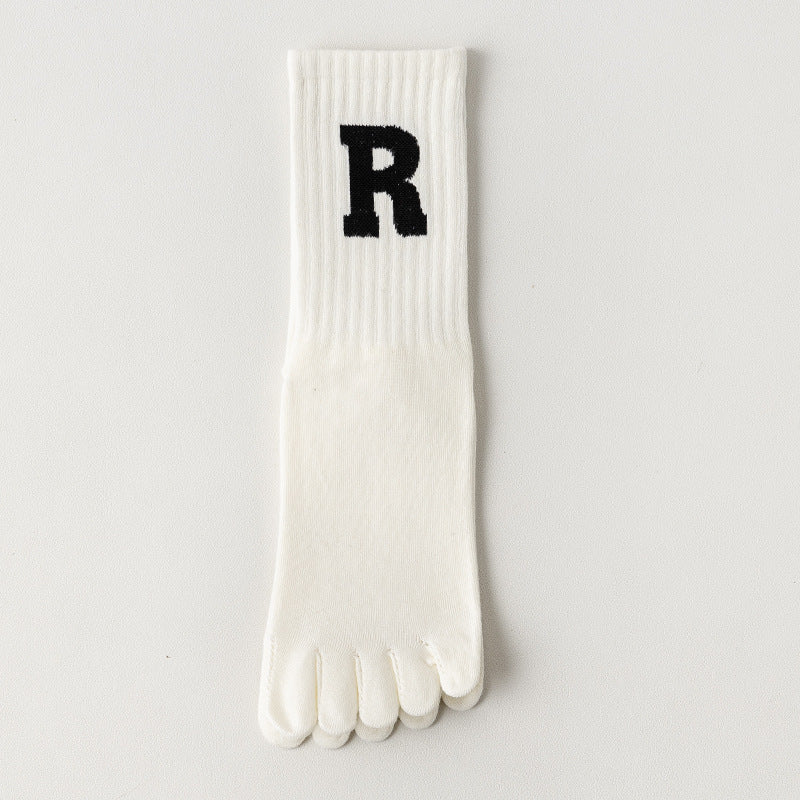 Unisex Non-Slip Five-Toe Yoga Socks, 168N Cotton Mid-Calf Pilates Socks with Letter R Design