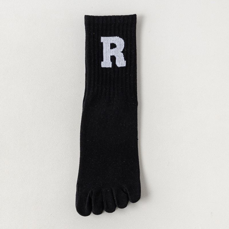 Unisex Non-Slip Five-Toe Yoga Socks, 168N Cotton Mid-Calf Pilates Socks with Letter R Design