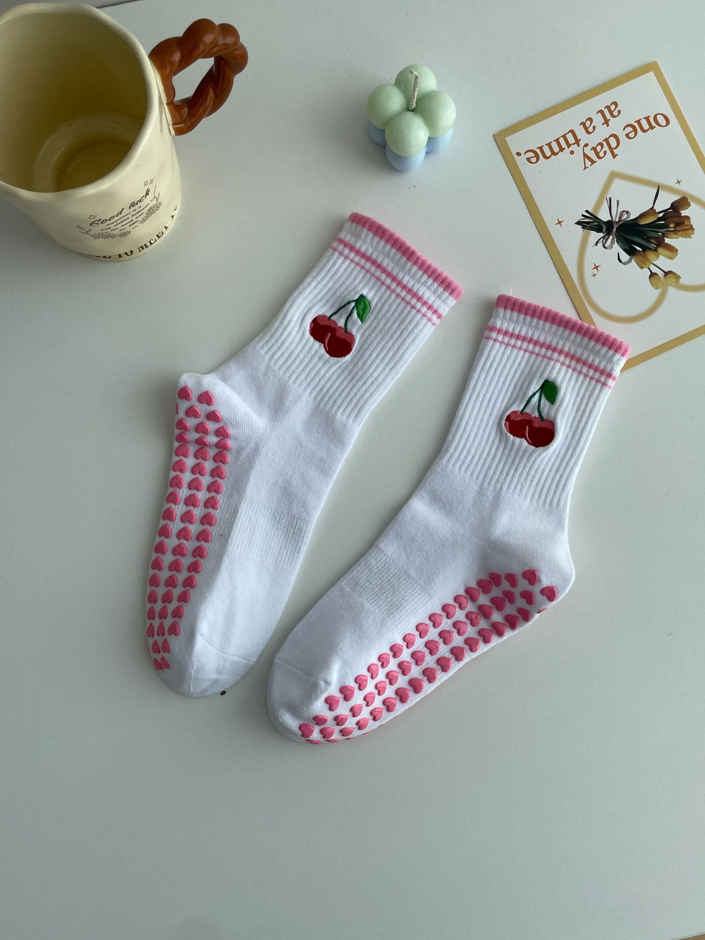 Embroidered Non-Slip Yoga Socks for Women, Mid-Calf Cotton Grip Socks with Cute Cherry Design for Pilates, Fitness & Home Workouts