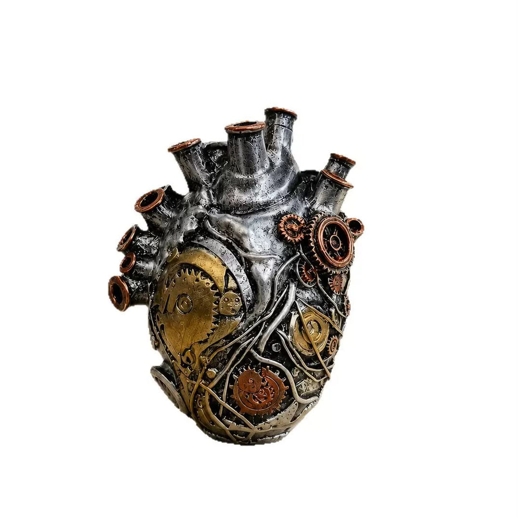 Retro Steampunk Mechanical Heart Flower Vase / Resin Planter - Industrial Gothic Table Decor / Unique Gift