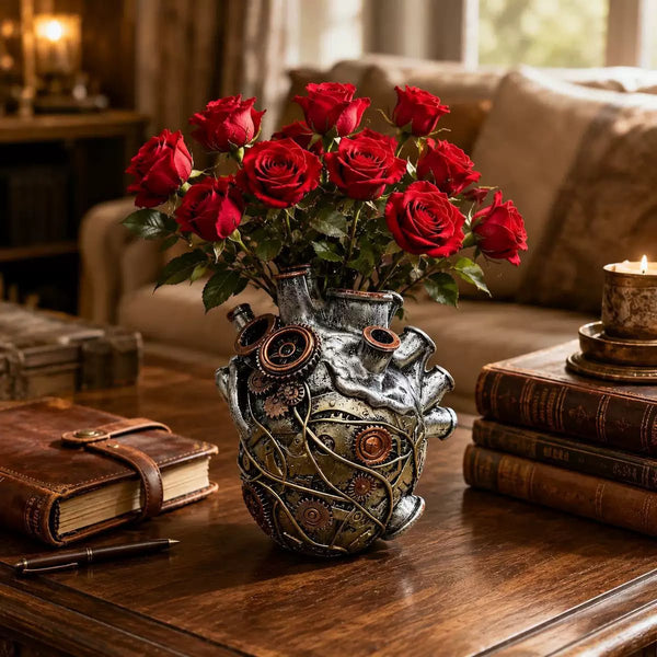 Retro Steampunk Mechanical Heart Flower Vase / Resin Planter - Industrial Gothic Table Decor / Unique Gift