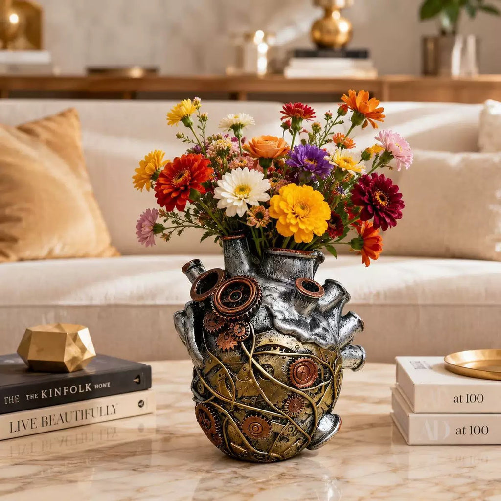 Retro Steampunk Mechanical Heart Flower Vase / Resin Planter - Industrial Gothic Table Decor / Unique Gift