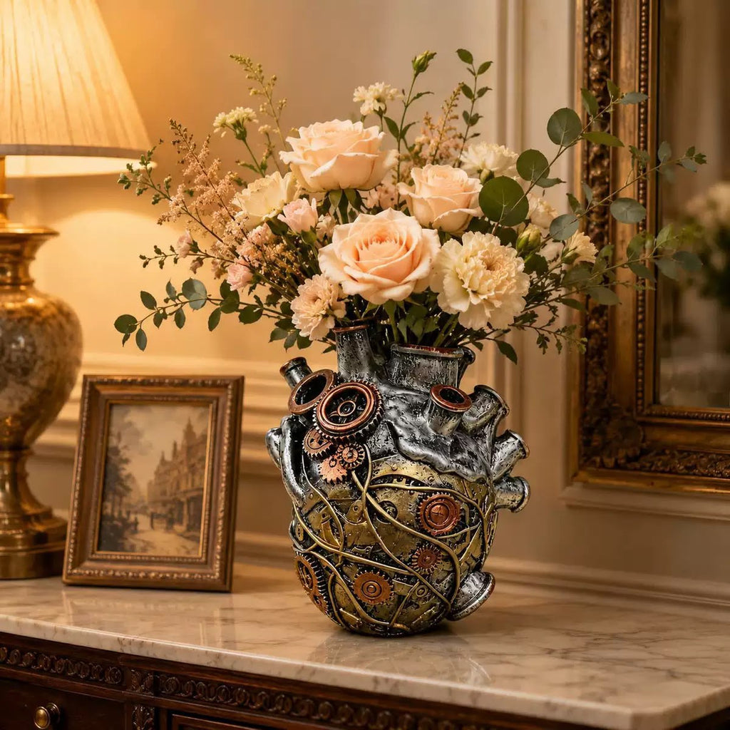 Retro Steampunk Mechanical Heart Flower Vase / Resin Planter - Industrial Gothic Table Decor / Unique Gift